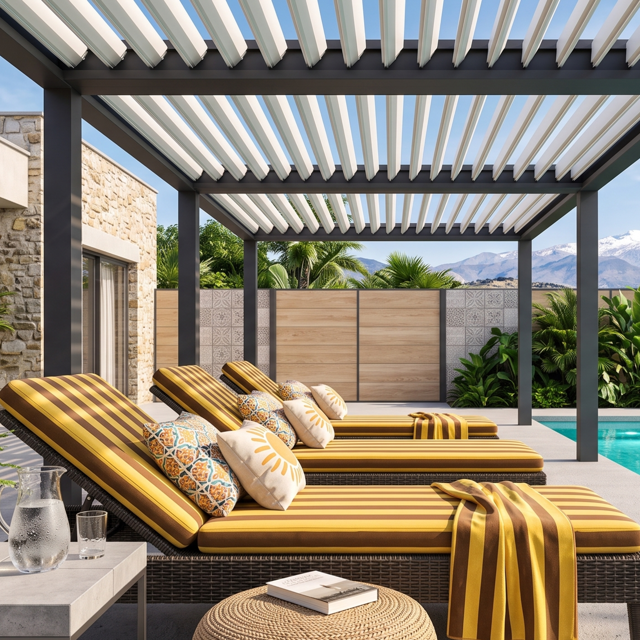 Pérgola de lona para sol y lluvia instalada en una terraza moderna