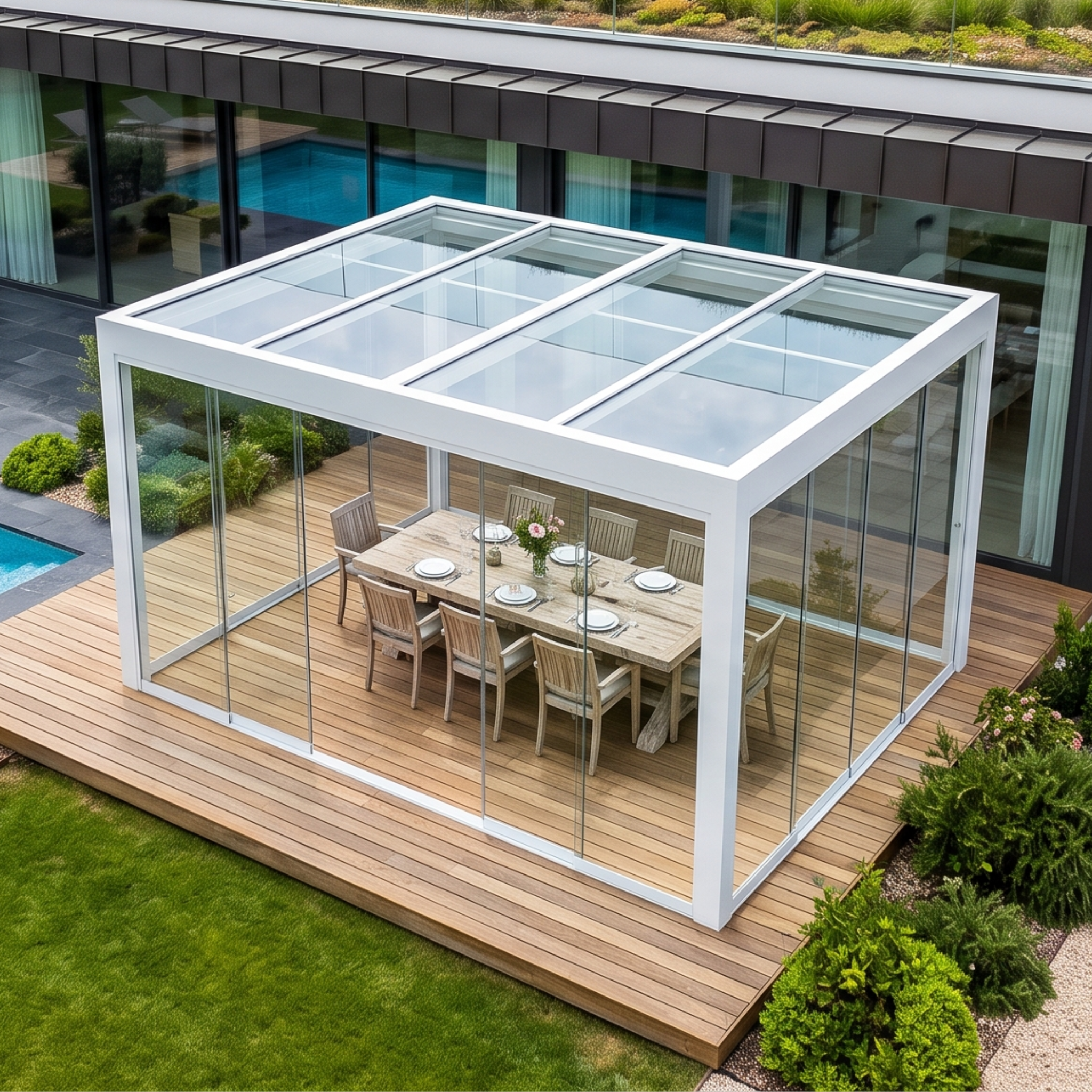 Pérgola con techo de cristal instalada en un jardín moderno